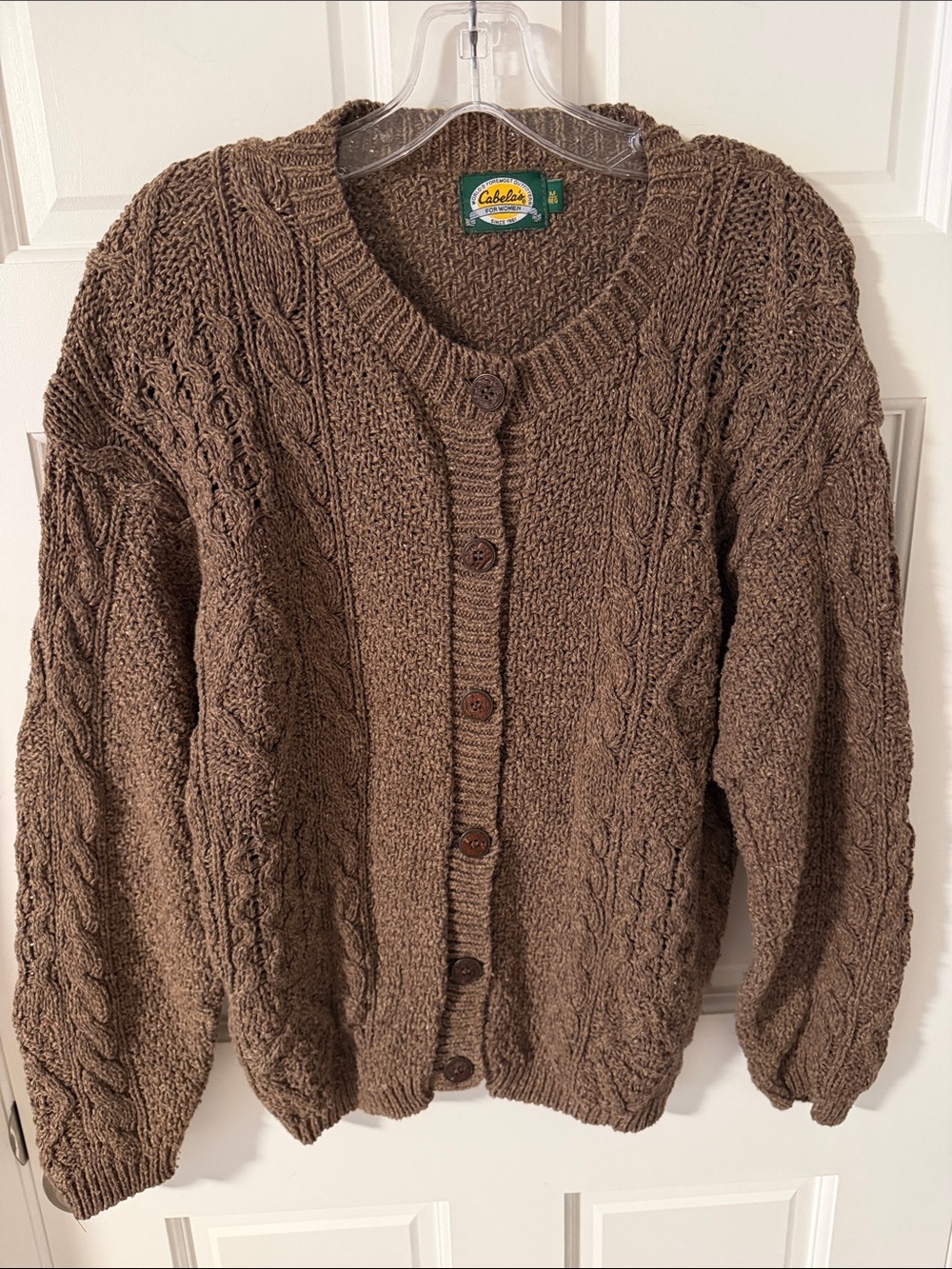 Vintage Cabela's Made in USA Chunky Cable Knit Cardigan Sweater Cotton Brown M